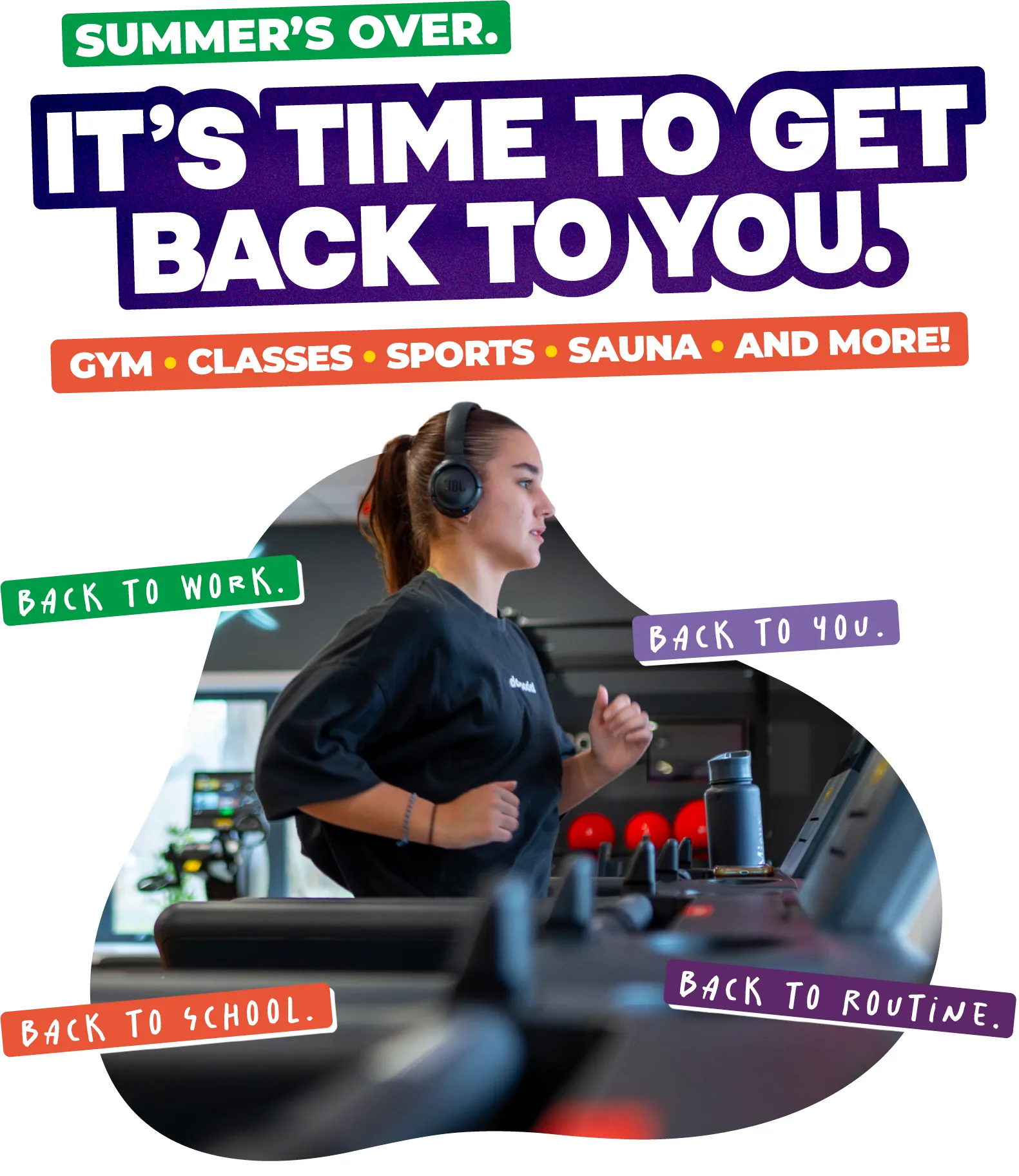 Promotional fitness campaign graphic featuring the headline “Summer’s Over. It’s Time to Get Back to You.” with supporting text “Gym • Classes • Sports • Sauna • And More!” Below, a person uses a treadmill in a gym while another gym member exercises in the background. Colourful labels read “Back to Work,” “Back to Routine,” “Back to School,” and “Back to You,” highlighting a return to healthy routines after summer.