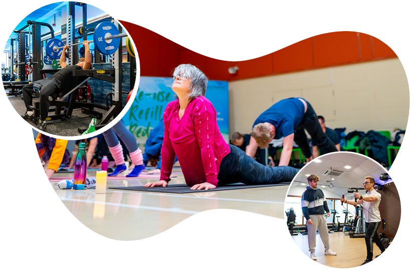 Collage of activities available at a leisure centre, featuring a group exercise class in the main image with participants stretching on mats. Circular inset images show a person bench pressing in the gym and two people taking part in a personal training session. The graphic highlights a range of fitness options, including gym workouts, group exercise classes and one-to-one training.