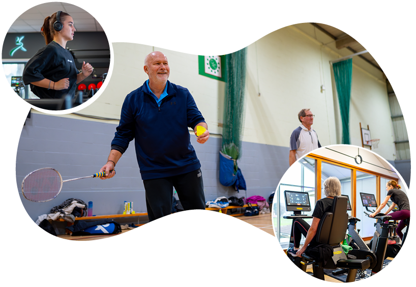 Collage-style fitness and sports image featuring people taking part in activities at a leisure centre. The main image shows a person playing badminton indoors, holding a racket and shuttlecock on a sports court. Circular inset images show a person walking on a treadmill and people using cardio exercise equipment. The graphic highlights a range of health, fitness and sports activities available at the facility.