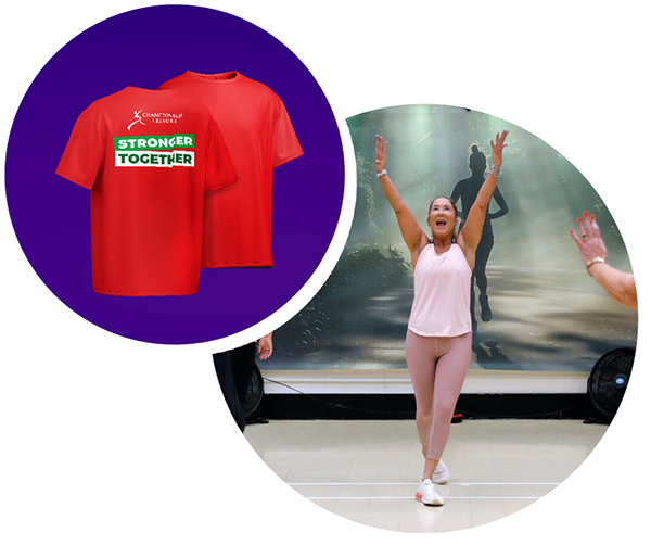 Promotional fitness and wellbeing graphic featuring a group exercise class in the main image, with a participant raising both arms during a workout. A circular inset shows two red campaign T-shirts displaying the text “Stronger Together” alongside the Chanctonbury Leisure Centre logo. The image highlights community fitness, wellbeing activities and participation in leisure centre events.
